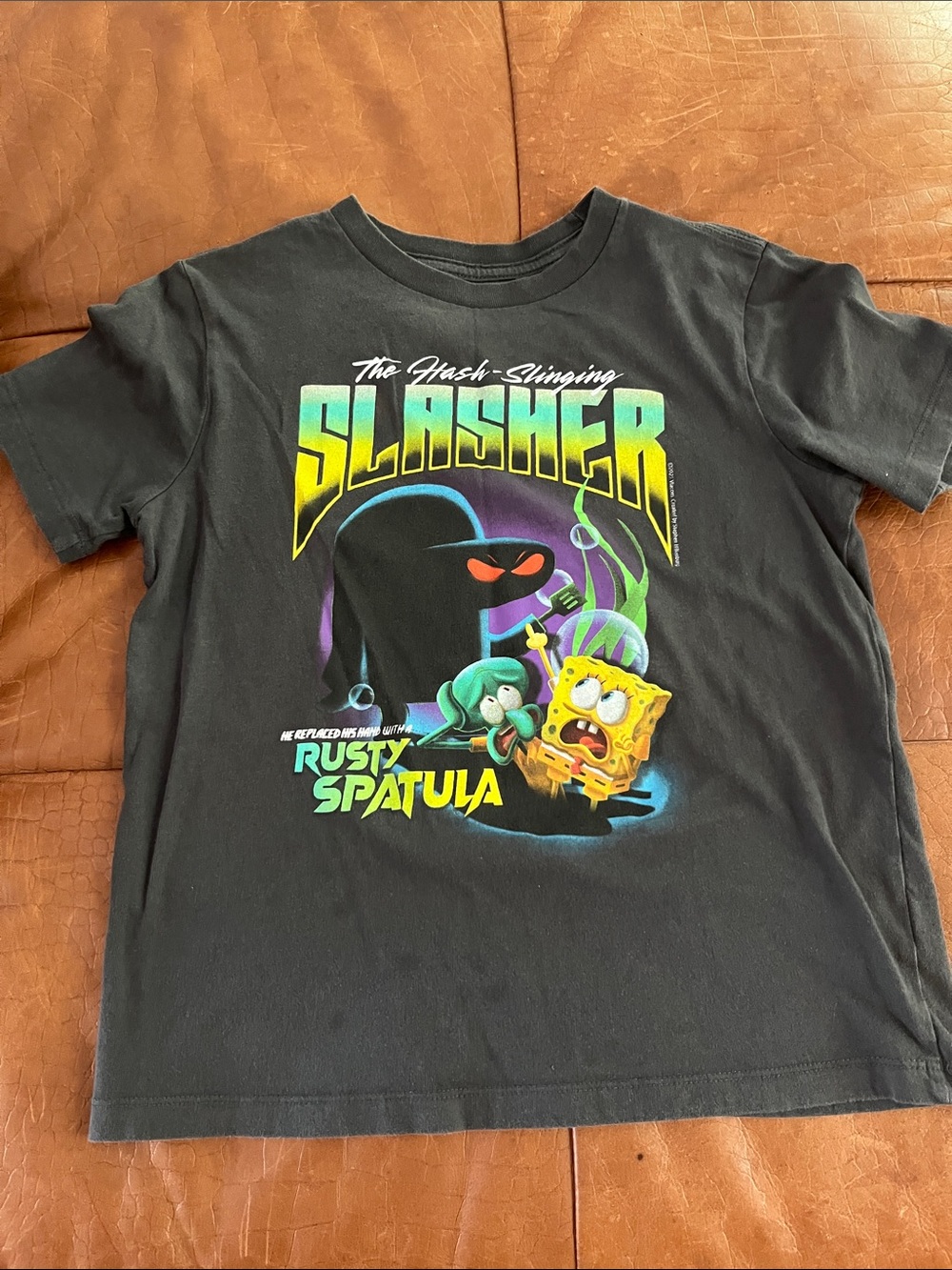Old Navy Black Kids Graphic Tee with Neon Yellow & Green Sponge Character
